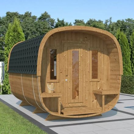 Oval Outdoor Sauna for 6 persons /  Electric or Wood Harvia Stove 400 / High Quality Scandinavian Spruce ( Thermwood )